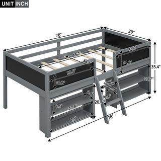 Sunvega Twin Size Low Loft Bed with Movable Shelves Ladder and Decorative Chalkboard Guardrail