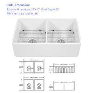 Sunvega 33 Inch White Porcelain Ceramic Farmhouse Kitchen Sink Workstation with Reversible Apron