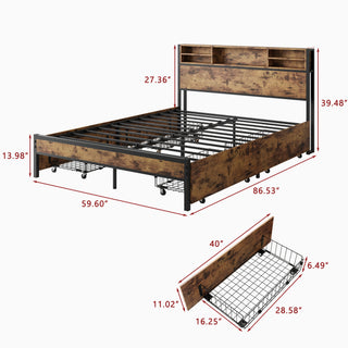 Sunvega Queen Bed Frame with Storage Headboard and 4 Drawers on Wheels