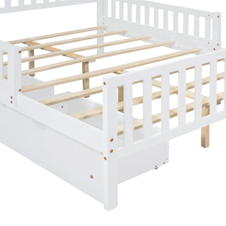 Sunvega Twin Size Walnut Wood Platform Bed with Guardrails and Two Storage Drawers
