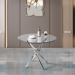 Sunvega Round Clear Tempered Glass Dining Table with Gold Finish Stainless Steel Legs