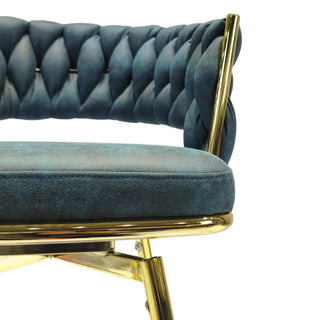 Sunvega Set of 2 Blue Suede Woven Swivel Bar Stools with Golden Legs and Footrest