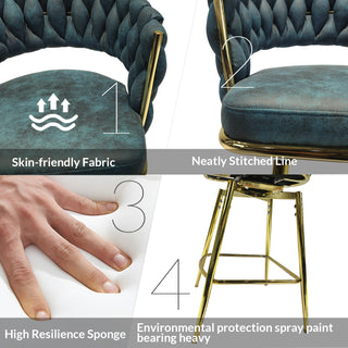 Sunvega Set of 2 Blue Suede Woven Swivel Bar Stools with Golden Legs and Footrest