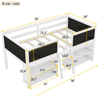 Sunvega Twin Size Low Loft Bed with Movable Shelves Ladder and Decorative Chalkboard Guardrail