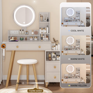 Sunvega Round LED Mirror Vanity Table Set with Cushioned Stool Touch Control 3-Color Lights