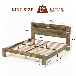 Sunvega King Size Wood Platform Bed Frame with Storage Headboard USB Charging and LED Light