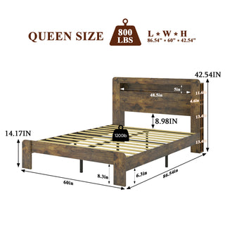 Sunvega Queen Bed Frame with Storage Headboard USB Ports and Vintage Shelf Design