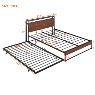 Sunvega Modern Metal Platform Bed Frame with Trundle USB Ports and Shelf