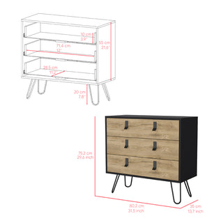 Sunvega Black Macadamia Modern Dresser with Three Drawers and Metal Handles