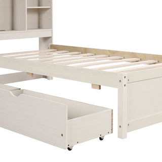 Sunvega Modern Twin Size Bed Frame With USB Port Bookcase Headboard and 2 Drawers