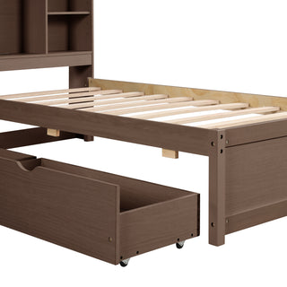 Sunvega Modern Twin Size Bed Frame With USB Port Bookcase Headboard and 2 Drawers
