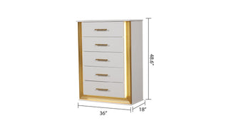 Sunvega Modern White and Gold Finish Five-Drawer Chest with LED Lights