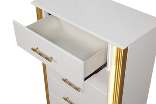 Sunvega Modern White and Gold Finish Five-Drawer Chest with LED Lights
