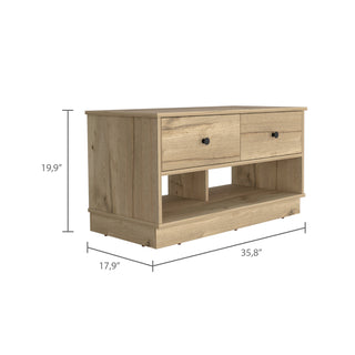 Sunvega Light Oak Storage Bench with Two Drawers and Two Open Shelves