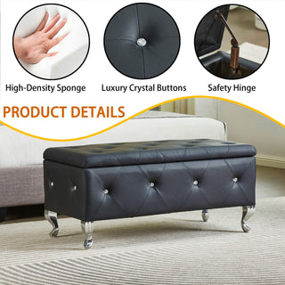 Sunvega Faux Leather Storage Ottoman Bench with Crystal Buttons for Bedroom Living Room