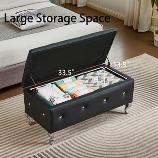 Sunvega Faux Leather Storage Ottoman Bench with Crystal Buttons for Bedroom Living Room