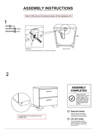 Sunvega Contemporary White High Gloss Lacquer Nightstand with Chrome Handles and USB Charger