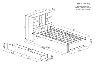Sunvega Modern Twin Size Bed Frame With USB Port Bookcase Headboard and 2 Drawers