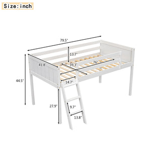 Sunvega White Full Size Low Loft Wood Bed with Convertible Left or Right Ladder