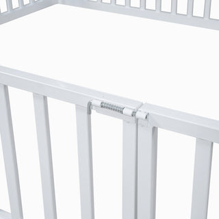 Sunvega White Twin Size Metal House Bed with Fence and Door for Kids