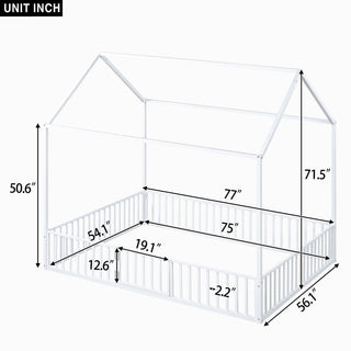 Sunvega White Twin Size Metal House Bed with Fence and Door for Kids