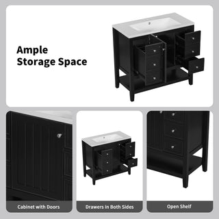 Sunvega 36 Inch Bathroom Vanity Cabinet Base with Drawers and Open Shelf in Black