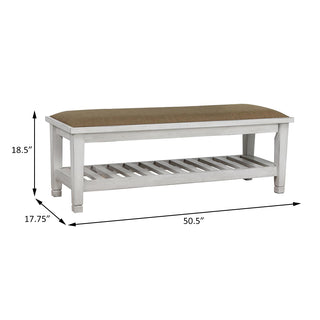 Sunvega Antique White Transitional Storage Bench with Slatted Wood Shelf and Cushion