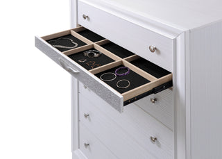 Sunvega White Wood 5 Drawer Chest with Silver Knob Pulls for Storage