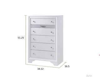 Sunvega White Wood 5 Drawer Chest with Silver Knob Pulls for Storage