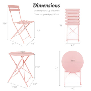 Sunvega 3-Piece Pink Metal Patio Bistro Set with Folding Chairs and Table