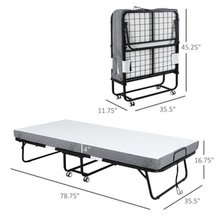 Sunvega Foldable Guest Bed with 4" Mattress on Sturdy Metal Frame and Wheels for Space Saving
