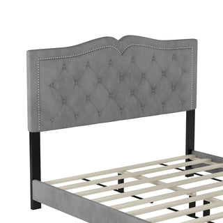 Sunvega Queen Size Upholstered Platform Bed with Tufted Velvet Headboard and Rivet Accents