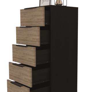 Sunvega 42 Inch High Modern Five Drawer Dresser in Black and Light Oak