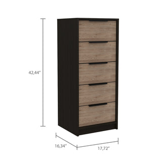 Sunvega 42 Inch High Modern Five Drawer Dresser in Black and Light Oak