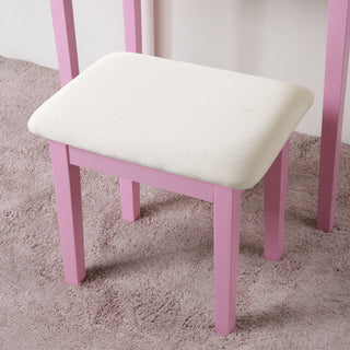 Sunvega Pink Wood Makeup Vanity Table and Stool Set with Mirror and Storage Drawers