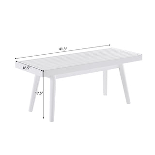 Sunvega Farmhouse Style Solid Wood Slatted Bench with Tapered Legs in White