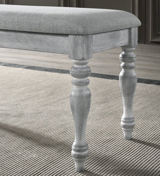 Sunvega Upholstered Turned Leg Dining Bench with Gray Seat and Rustic White Finish