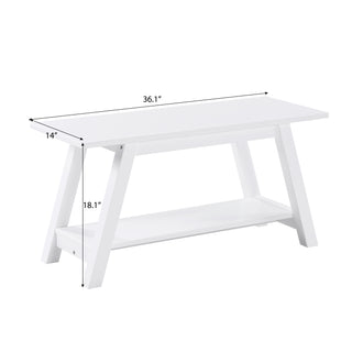 Sunvega White Solid Wood Farmhouse Bench with Storage Shelf for Entryway