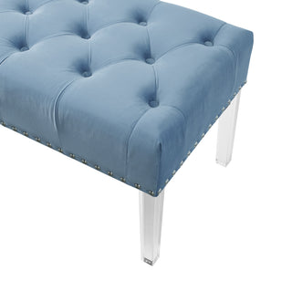 Sunvega Blue Velvet Upholstered Bench with Button Tufted Detail and Acrylic Legs