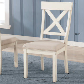 Sunvega Antique White Wood Cross Back Upholstered Dining Chairs with Light Tan Fabric