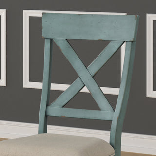 Sunvega Antique Blue Wood Cross Back Upholstered Dining Chairs with Tan Fabric Seat