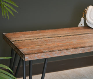 Sunvega Industrial Wood Dining Bench with Rustic Dark Pine Finish and Hairpin Legs