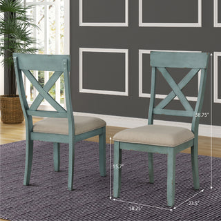 Sunvega Antique Blue Wood Cross Back Upholstered Dining Chairs with Tan Fabric Seat