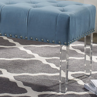Sunvega Blue Velvet Upholstered Bench with Button Tufted Detail and Acrylic Legs