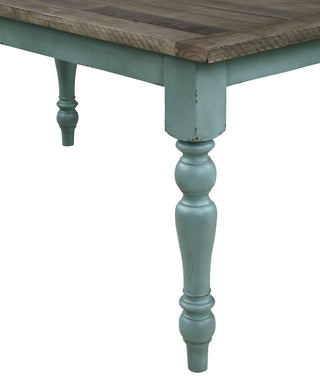 Sunvega Antique Brown and Distressed Blue Upholstered Dining Bench with Turned Legs