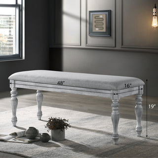 Sunvega Upholstered Turned Leg Dining Bench with Gray Seat and Rustic White Finish