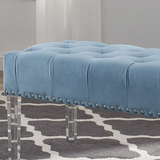 Sunvega Blue Velvet Upholstered Bench with Button Tufted Detail and Acrylic Legs