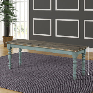 Sunvega Antique Brown and Distressed Blue Upholstered Dining Bench with Turned Legs