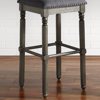 Sunvega Set of 2 Grey Washed Wood Bar Stools with Upholstered Seat and Nailhead Trim
