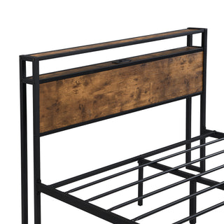 Sunvega Modern Twin Size Metal Platform Bed Frame with Wooden Headboard and USB LINER